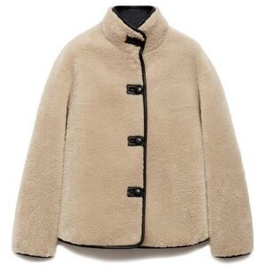 NWT MANGO Mozart Faux Leather Trim Faux Shearling Coat